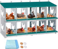 Chicken Nesting Box 10 Compartment with 10 Pet Moisture Pads and 4 Fake Eggs Roll Away Egg Collection, Perch, Lid Cover for Egg Protection - Wall Mount/Free Standing Nest Box for Chickens, Hens, Ducks