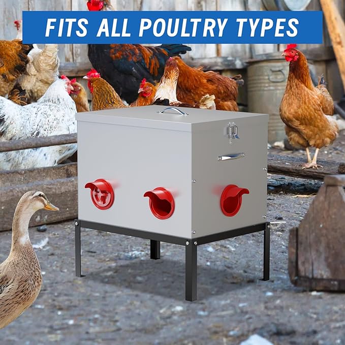 50LB Large Automatic Chicken Feeder,6 Port Large Metal Chicken Feeders,with Raise The Base Frame,Waterproof Galvanized Steel Poultry Feeder with Locking Lid for Chicken Coop