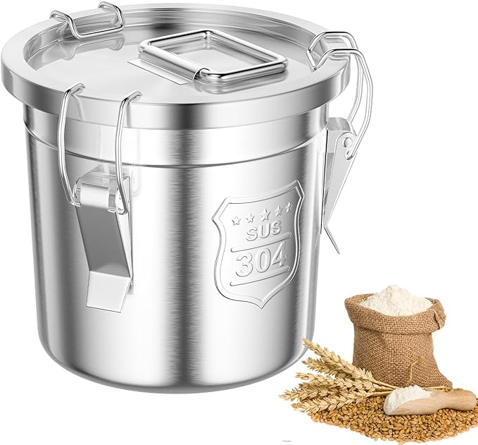 1.6Gal/6L Stainless Steel Airtight Canister, Airtight Food Storage Container with Lid and Lock Clips, 304 Stainless Steel Canister for Rice, Flour, Grain, Coffee Bean