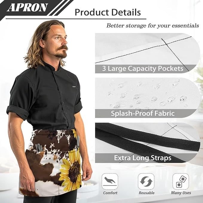 Waistress Apron with Pockets Coffee Waiter Apron Long String Chef Half Aprons for Cooking Kitchen Hairdresser