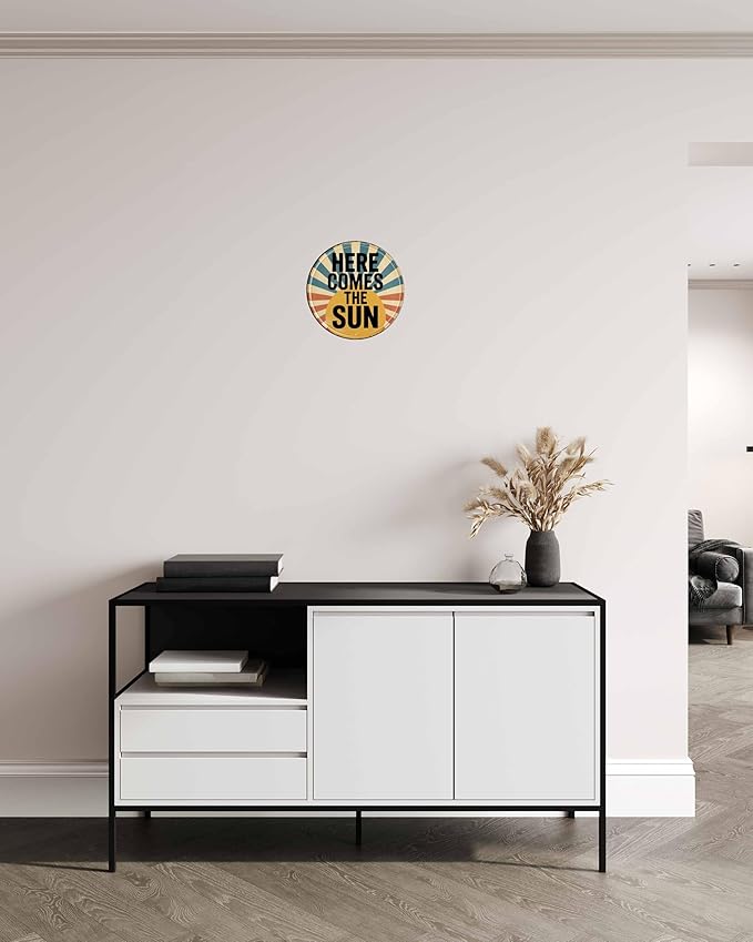 Here Comes The Sun Metal Sign 8x8in Round Inspirational Plaque for Bedroom Wall Decor Positive Vibes Gift