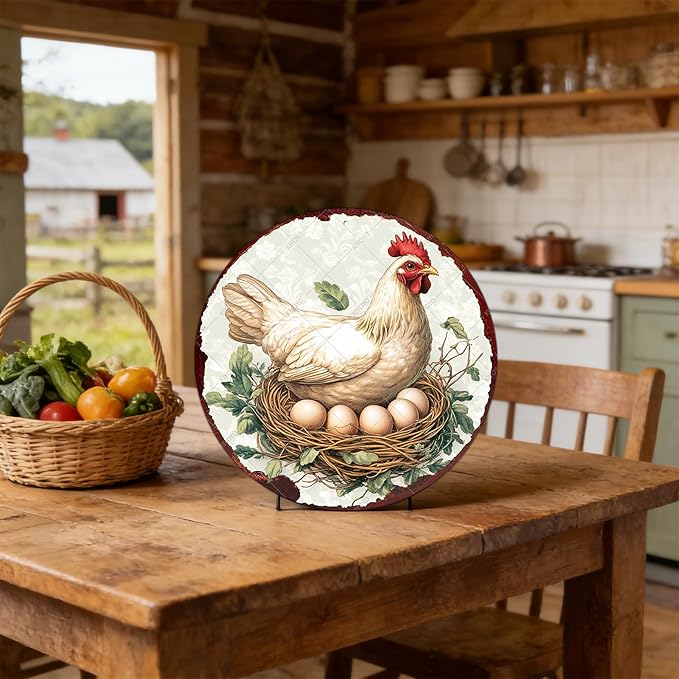 Chicken Coop Hen Round Metal Tin Sign Chicken Wreath Wall Decor Kitchen Farmhouse Outdoor Wall Art for Home Garden Kitchen Farmhouse Decoration Poster 12 Inch