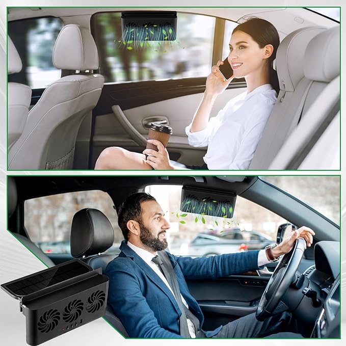 2 Pack Solar Powered Car Exhaust Fan 3 Fans Car Window Air Vent Radiator Solar Energy Cooling Vent Exhaust for General Types(Solar & Battery & USB 3 Fans,Black)