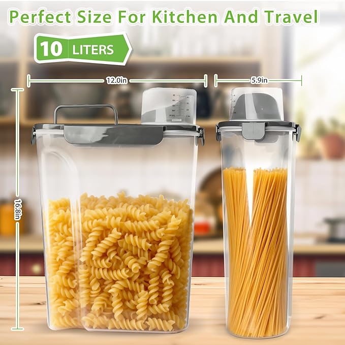 Rice Storage Container, 10 to 20lb Dry Food Airtight Dispenser, Pet Dog Cat Food Canister, BPA Free Clear Plastic Kitchen and Pantry Organization Bin for Oatmeal, Cereal, Pasta, Flour Grey
