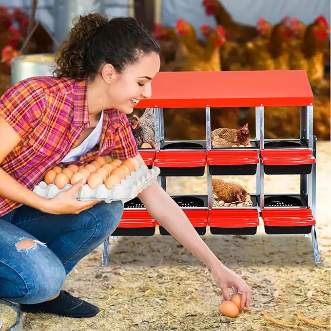Metal Chicken Nesting Box, 8 Compartments Chicken Egg Laying Box, Chicken Coop Nesting Box, Chicken Nesting Box with Roll Up Design Lid, with Stand,Red