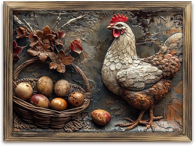 Rustic Long Wooden Framed Art Rustic Hen Eggs Basket Flowers Texture Farmhouse Style Wall Decor Sign for Tabletop Or Hanging - Durable Handcrafted Wood Print - Home & Office Decoration