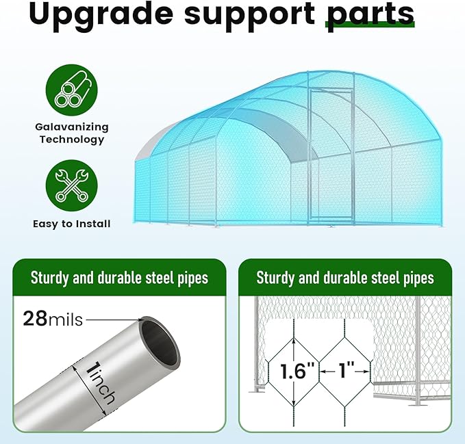 Large Metal Chicken Coop (26' L x 9.8 W x 6.6' H) Walk-in Chicken Run Cages with Waterproof and Anti-Ultraviolet Cover for Outside Dome Top