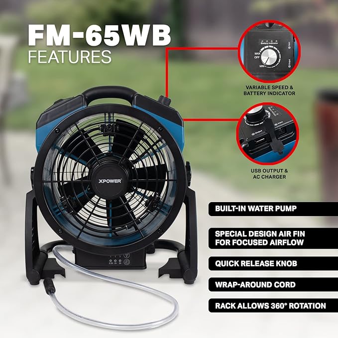 XPOWER Misting Fan FM-65WB, Battery Operated, Rechargeable, w/Water Pump, Mounts on 5 Gal Bucket, Outdoor Cooling, High Velocity, 14 In
