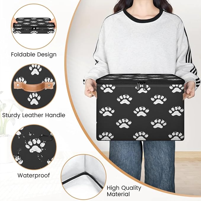 Storage Cubes with Lid Fabric Storage Bins Boxes PU Leather Handles, Paw Print Closet Organizer Container Foldable Washable Shelf Cloth Basket, Cute Dog Cat Paw