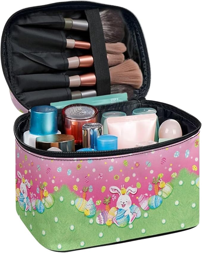 Rabbit Easter Egg Floral Grass Print Travel Makeup Bags for Women Portable Tote Cosmetic Case with Carry Handle Toiletry Accessories Storage Organizer Bags