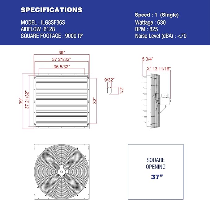 Iliving - 36" Wall Mounted Shutter Exhaust Fan - Automatic Shutter - Single Speed - Vent Fan For Home Attic, Shed, or Garage Ventilation, 6128 CFM, 9000 SQF Coverage Area, Silver (ILG8SF36S)