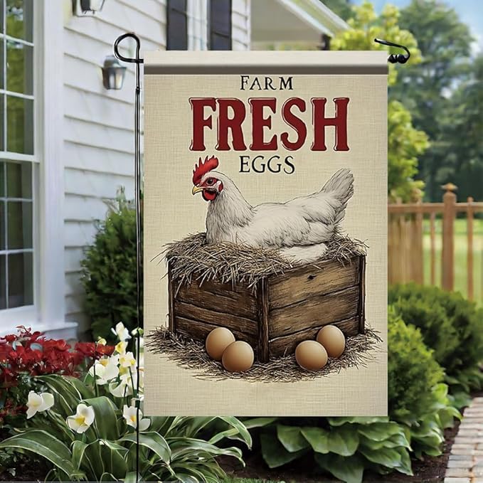 Farm Fresh Eggs Garden Flag 12x18 Inch Double Sided Outdoor Yard Banner Hen on Nest Rustic Farmhouse Country Decor for Garden Porch Patio Lawn Home Decoration