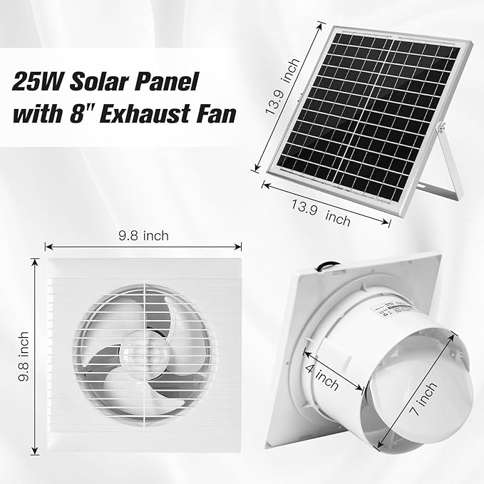 Solar Powered Exhaust Fan, 25W Solar Panel + 8" Ventilation Vent Fan for Outside Greenhouse, Chicken Coop, Shed, Pet House