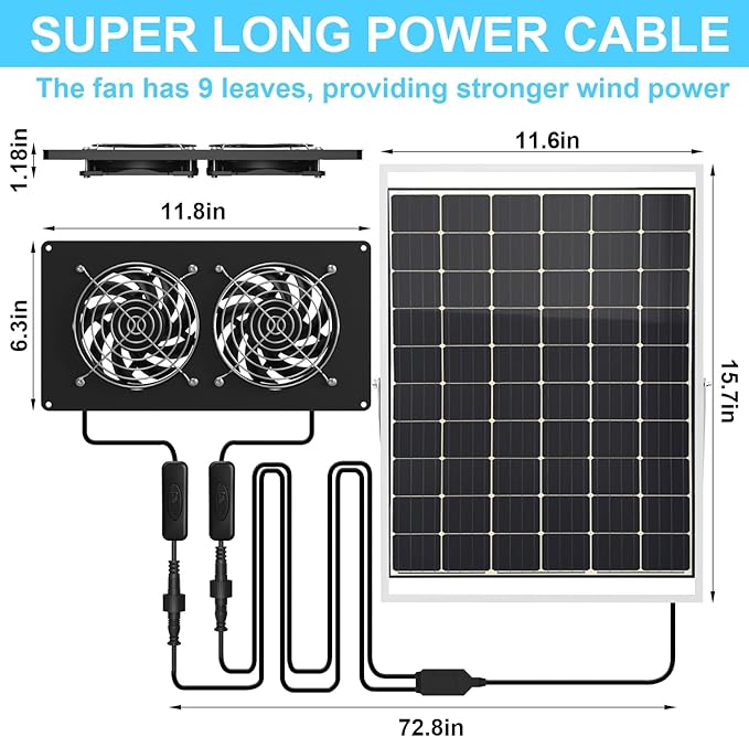 Chicken Coop Solar Powered Dual Metal Shell Fan Kit, 20W Solar Exhaust Fan IPX7 Monocrystalline Solar Panel Ventilation Air Cooling Fans for Chicken Coops, Greenhouses, Sheds, Dog Houses Plug & Play