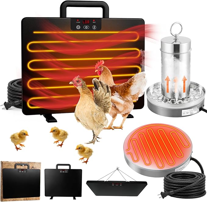 2 in 1 Winter Chicken Coop Heating Kit with Smart Thermostat, 15.7" x 12" 200W Adjustable Coop Heater for 20 Chicks & 75W Heated Waterer, 3 Temp Settings & 5 Timer Modes, Energy Efficient for Chickens