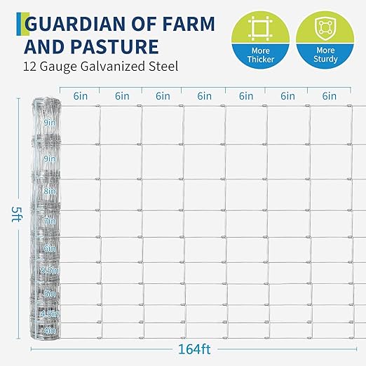 Cattle Fence 5ft x 164ft, 14 Gauge Galvanized Heavy Zinc Coated Wire Fencing for Cattle Goat Deer Hog Horse Livestock Yard Protection