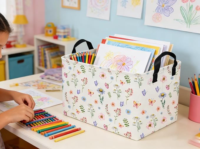 Rectangle Kids Baskets Flower Basket Cute Storage Bin Organizer Boys Box for Room Decor Gift Basket(Watercolor flower)