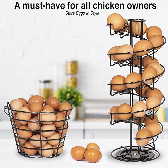 Rotating Spiral Egg Dispensing Rack, Skelter, Countertop storage & display. INCLUDES Matching Egg Collecting Basket
