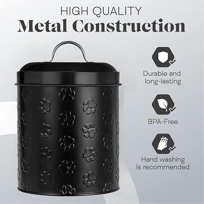 Amici Pet Puppy Paws Black Metal Canister with Embossed Paw Design - Large 140 oz Airtight Food Storage Jar for Wet or Dry Pet Foods - (8" H x 6" W) BPA Free Container for Organization