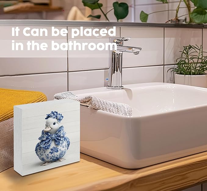 Blue And White Chinoiserie Grand Millenial Duck Decor Signs,Bow Blue Duck Floral Home Signs,Chinoiserie Porcelain Desk Decorations,Farmhouse Animal Office Kitchen Bathroom Decor