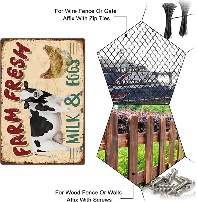 SUPERDANT Farm Fresh Tin Sign Cow Chicken Vintage Metal Tin Signs Funny Metal Wall Art Painting Iron Decor for Dining Room Farmhouse Kitchen Pantry Outdoor Wooden Fence Wall Decoration