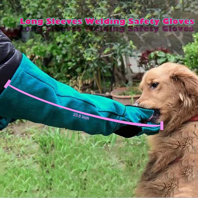 23.6'' Leather Animal Handling Gloves,Bite Proof Multipurpose Pet Glove for Dog,Cat Scratch,Falconry Gloves Grabbing Reptile (Light Green)