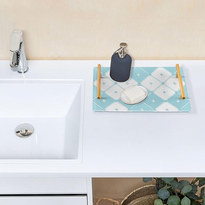 Bathroom Vanity Tray Counter Organizer, Check Blue White Decorative Tray with Handles Countertop Storage for Bathroom Bedroom Kitchen Home Farmhouse