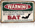 Vintage Bat Metal Sign， Warning this property is protected bY a highly trained BAT Sign Funny Tin Signs 12x8 Inch