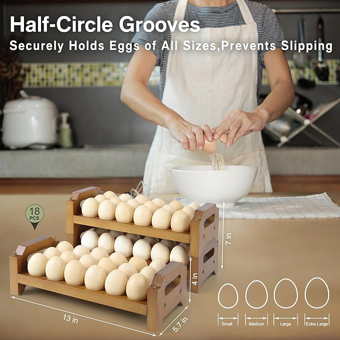 2-Tier Wooden Egg Holder for 36 Eggs, Wooden Egg Holder Countertop with Carry Handle for Chicken, Duck, and Quail Eggs (Stackable)