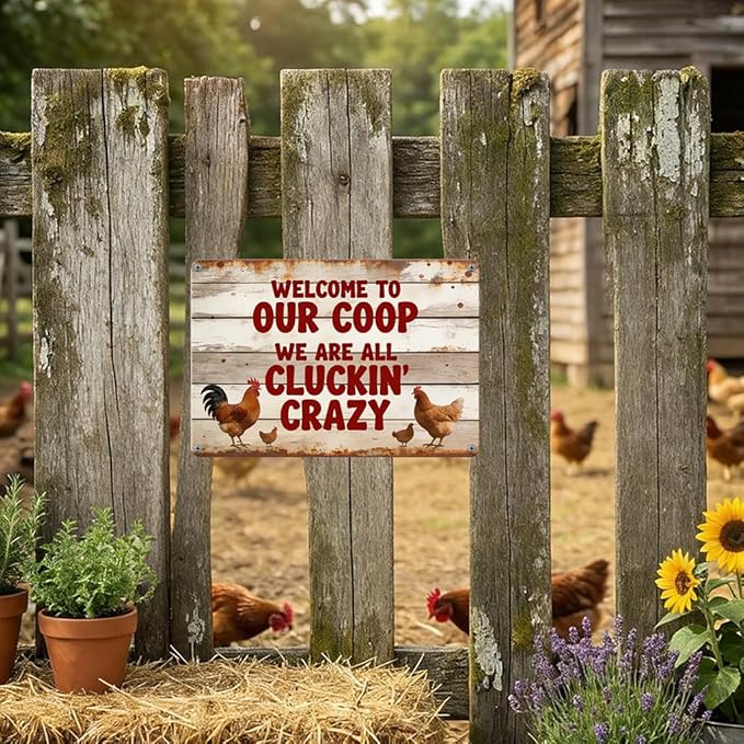 Funny Chicken Metal Sign Outdoor, Aluminum Farmhouse Wall Decor for Coop Door or Yard Area, Fluffy Humor Country Living Style, Rustic 8x12 Inch Gift