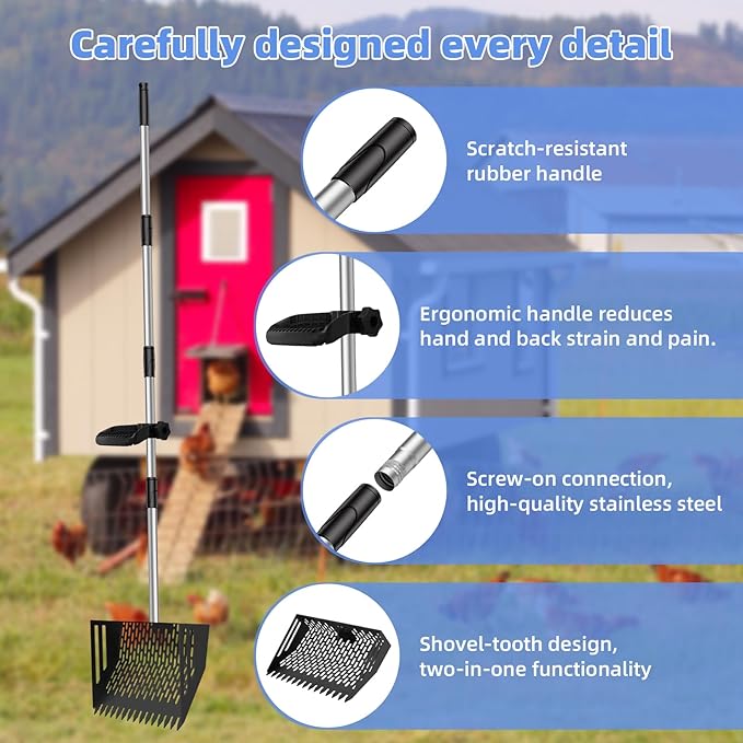 Chicken Poop Scooper & Rake 2-in-1, 4 in 1 Stainless Steel Handle 12 in Chicken Coop Pooper Shovel (23 to 62"), for Animal Sheds, Trash Scoop with Ergonomic Handle, Scooper Sand Sifting Shovel