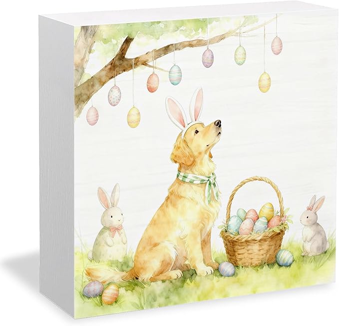 Easter Golden Retriever Dog Wooden Box Sign Desk Decor, Spring Easter Egg Rabbit Ear Golden Retriever Wood Signs for Home Office Desk Table Shelf Decorations, 5x5 Inch