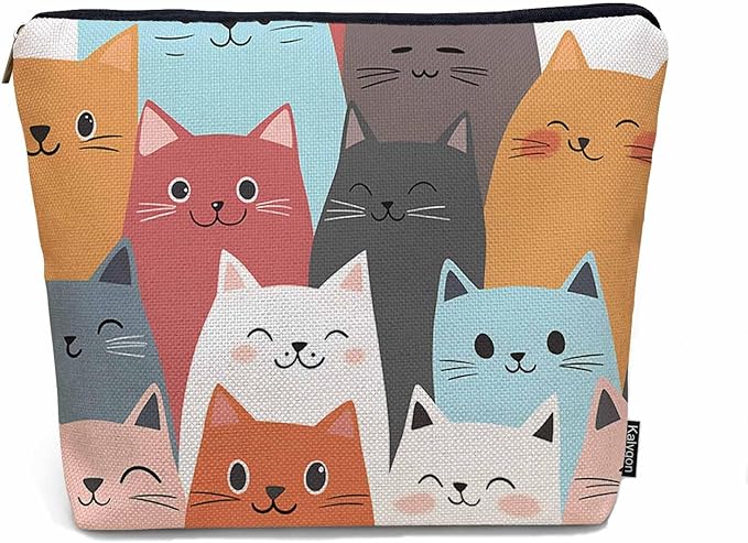Women Cosmetic Bag Cat Cute, Colorful Cats Funny Kitten Cute Makeup Bag For Purse Cosmetic Travel Bag For Toiletries Makeup Storage Bag Flax Skincare Bag Make Up Pouch Bags
