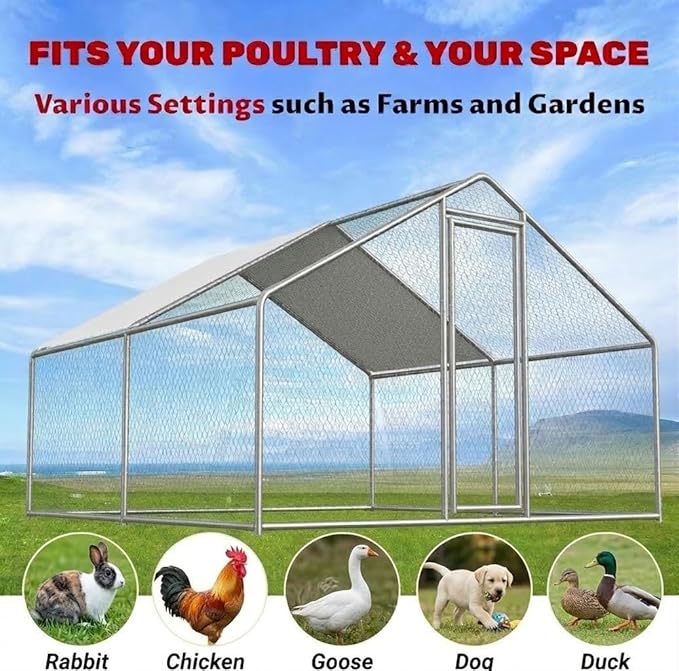 Chicken Coop Large Metal Chicken Run Pen for 10 Chickens Poultry Cage with Waterproof Cover for Walk-in Chicken Run for Yard Outdoor