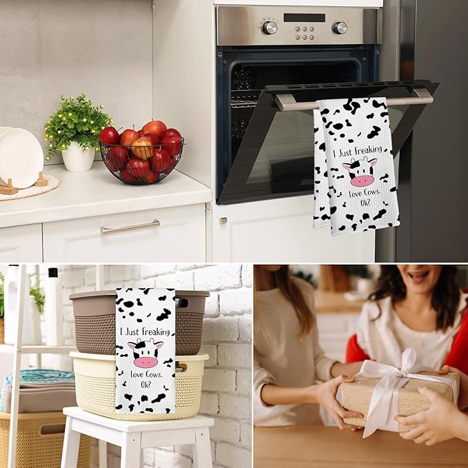 Funny Cute Cow Gifts Kitchen Towel and Dish Towel, I Just Freaking Love Cows Ok Hand Towels, Cute Cows Decorative Hand Dish Tea Towels for Nursery Bathroom Kitchen,Gifts for Cow Lovers 16x24