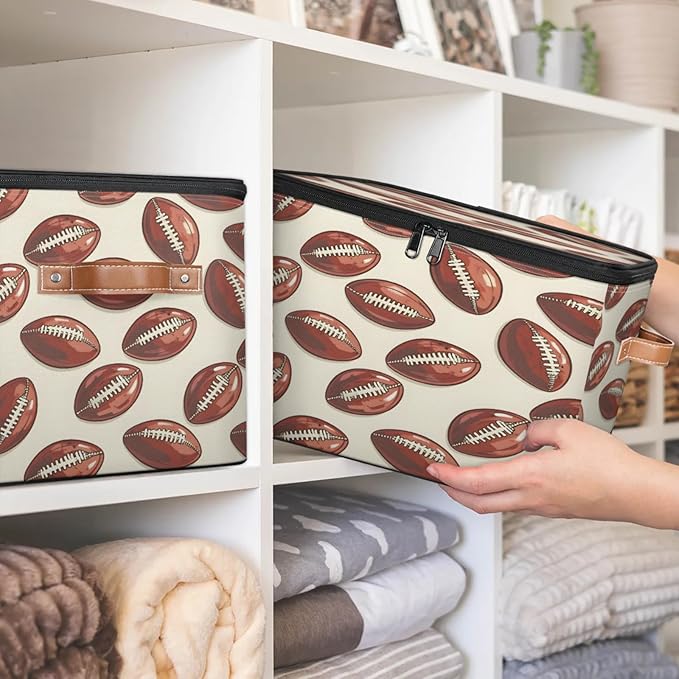 Storage Cubes with Lid Fabric Storage Bins Boxes PU Leather Handles, Sports Rugby Closet Organizer Container Foldable Washable Shelf Cloth Basket, Rugby Balls