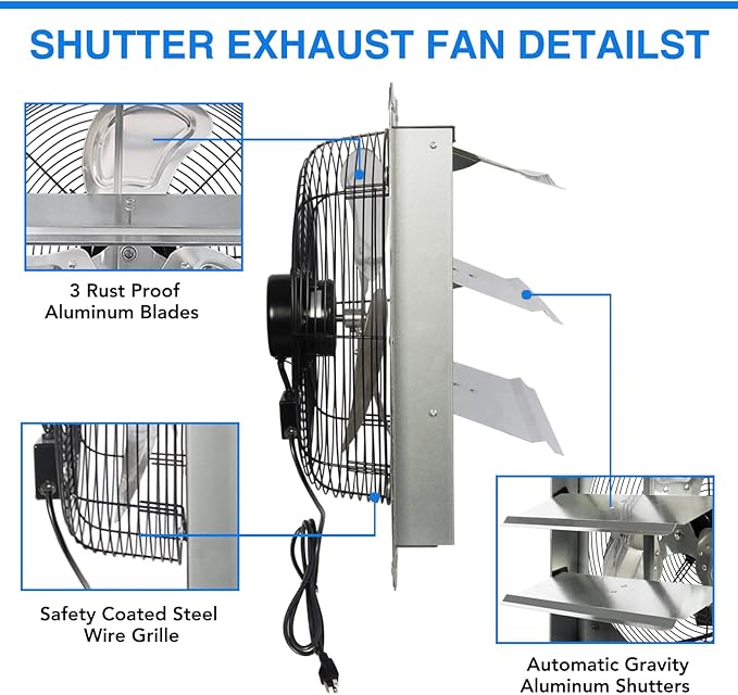 KEN BROWN 14 Inch Shutter Exhaust Fan, Gable Vent Fan, Wall Mount Ventilation, High Speed 1950 CFM, Automatic Aluminum Blades, for Garages, Shop, Greenhouse, Attic, with Power Cord