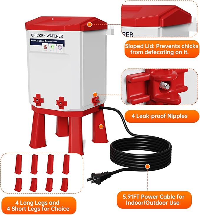 Heated Chicken Waterer, 2 Gallon Thermostatic Poultry Drinker with 4 Nipples, Outdoor Winter Water Heater with Leg Base for Chickens, Ducks, Geese, Turkeys, Anti-Freeze Automatic Watering System