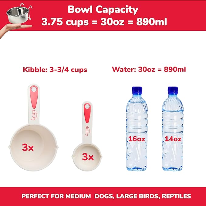 SPOT Coop Cup Wire Hanger - Stainless Steel Hanging Bowl for Pet Crates, Easy Install, Chew-Proof, Removable Water/Kibble Bowl for Medium Dogs, Cats, Large Birds, Reptiles - 3.75 Cups (30 Oz)