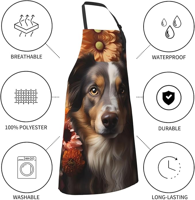 Dogs and Roses Heavy Duty Waterproof Apron with Pockets for AdultsResistant Grilling, Gardening, Painting