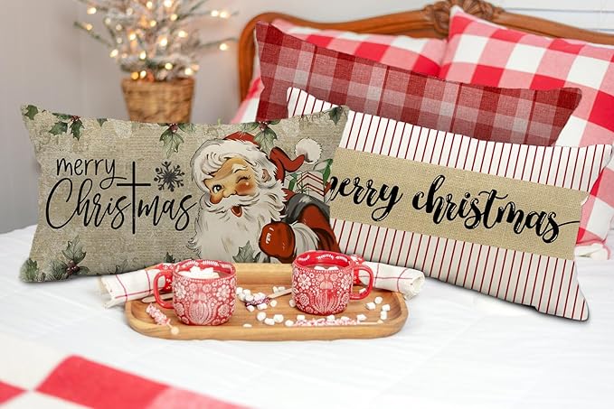 Pink and Gray Merry Christmas Trees Snowflake Throw Pillow Cover, 12 x 20 Inch Seasonal Winter Holiday Cushion Case Decoration for Sofa Couch
