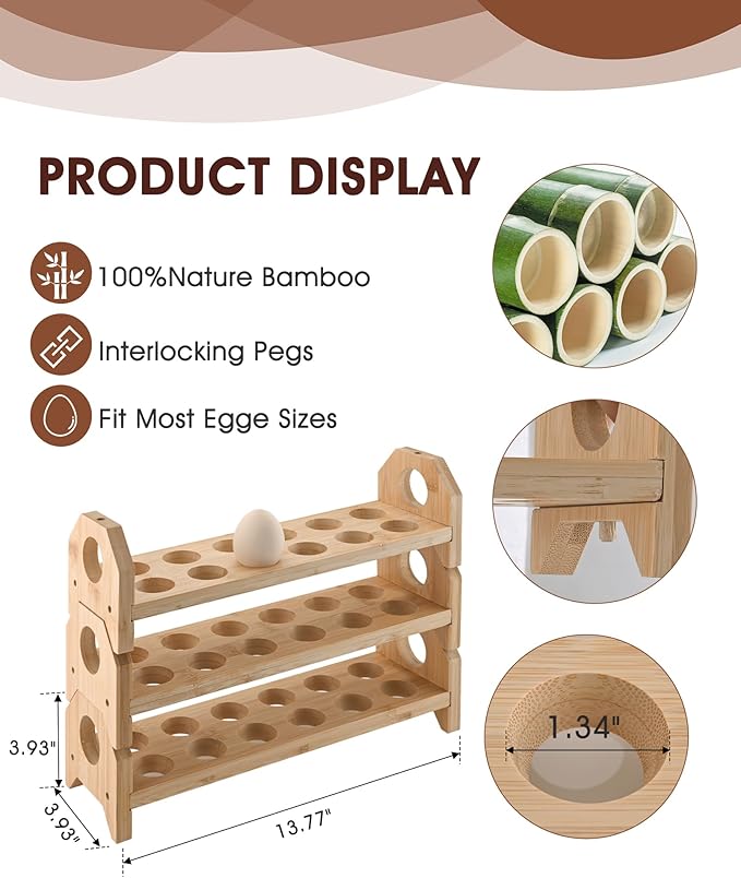 Bamboo Egg Holder Countertop with Silicone Egg Cleaner, 3-Tier Egg Holder for 36 Eggs, Stackable Design for Fresh Eggs, Farmhouse Egg Tray Storage Display Rack，Fits Quail, Duck, Chicken Eggs