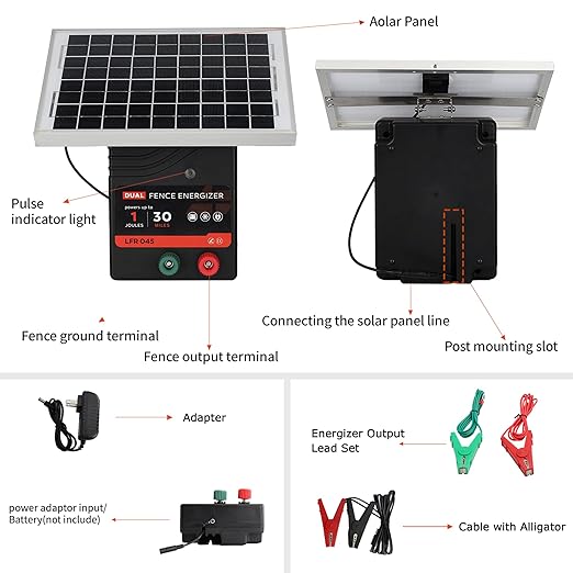 30 Miles Solar Electric Fence Charger, 1 Joule Portable Solar Fence Charger, Solar Electric Fence Kit, with 10W Solar Panel for Livestock, Preventing Predators from Intruding