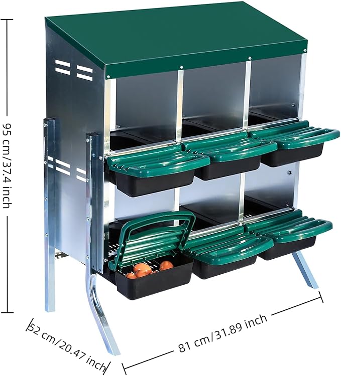 Chicken Nest Box, 6-Compartment Egg-Laying Box, Rolling Tilting Metal Hen House, Convenient for Collecting Eggs - Ventilated Poultry House Equipment - Suitable for Hens, Ducks Green,with Stand
