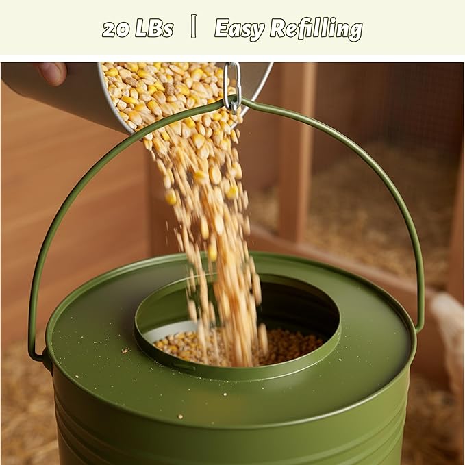 KOL Hanging Chicken Feeder 20lbs Metal Chicken Feeder No Waste, Adjustable Poultry Feeder with 12 Ports, No Installation & Universal Height Design (Green)