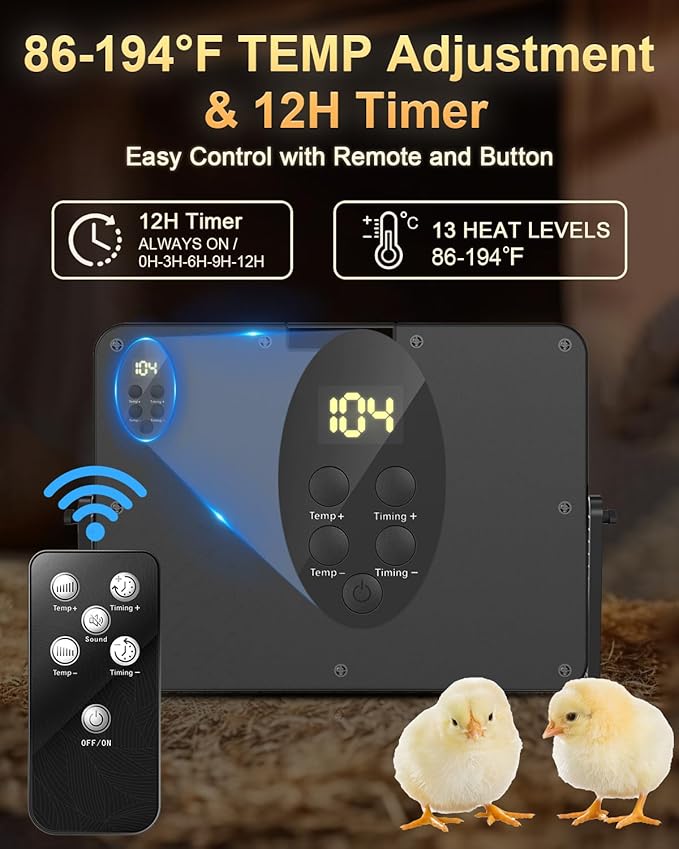 Chick Brooder Heater with Adjustable Temp (86~194℉) & 12H Timer & Height & Angle, Rapid-Heating Heat Plate for Chicks with Remote Control, 16"x12" for 30 Chicks, Brooder Plate for Young Poultry