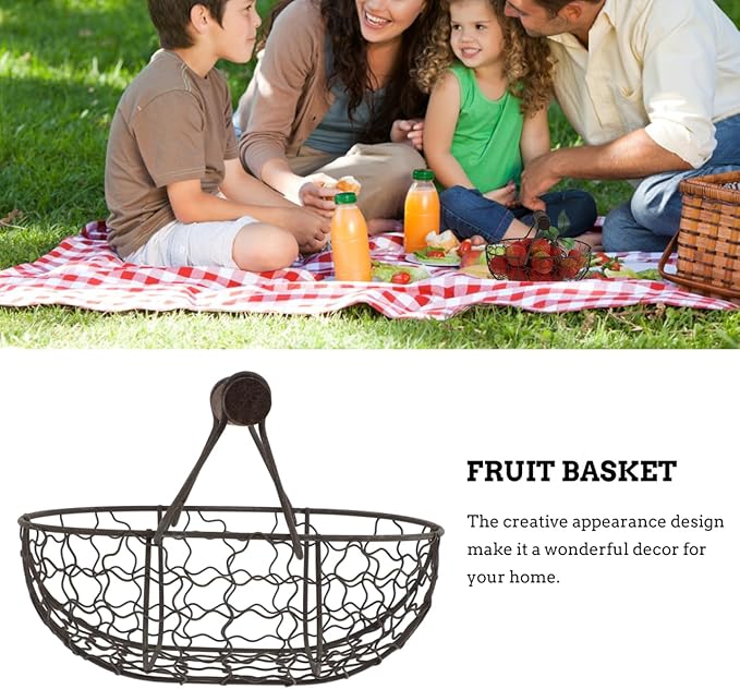 Rustic Wire Egg Basket for Fresh Eggs Gathering, Farmhouse Metal Eggs Holder with Wood Handle, Vintage Kitchen Countertop Storage Basket for Fruits Vegetables Bread, Black Wire