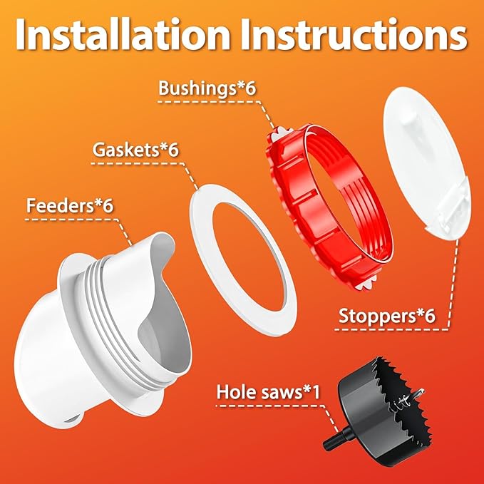 Chicken Feeder No Waste, DIY Automatic Poultry Feeder Ports with Hole Saw & Gloves, Durable Rain Proof Poultry Feeder Port for Buckets, Barrels, Bins and Troughs