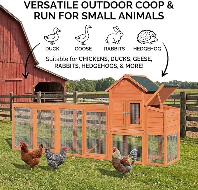 122" Large Wooden Chicken Coop with Run - Outdoor Hen House for 4-6 Chickens, Poultry Habitat Supplies with Chicken Nesting Box, Covered Chicken Enclosure & Big Chicken Coop Kits