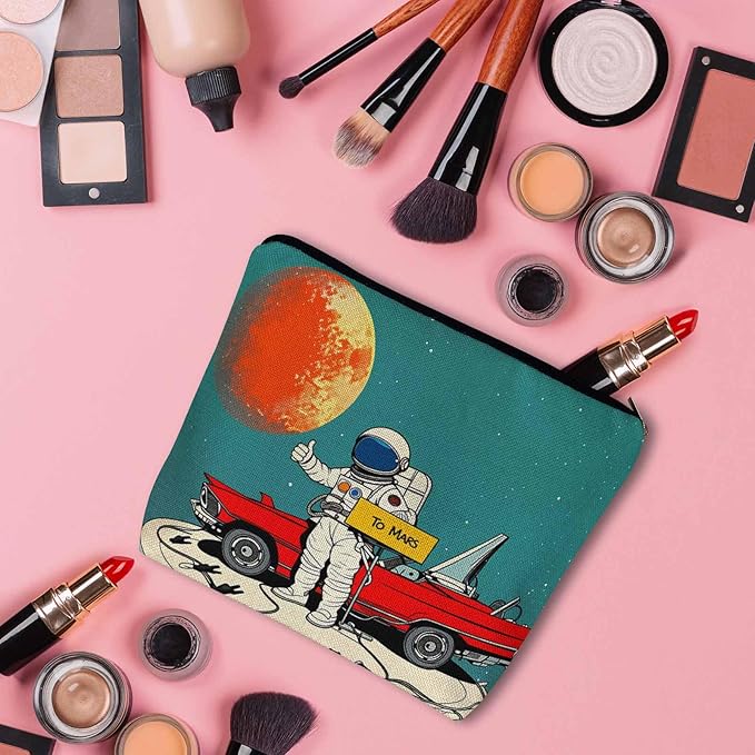 Women Makeup Organizer Bag Astronaut Cosmos Galaxy Space Astronaut Spaceship Flax Cosmetic Bag Makeup Bags Toiletry Bag Accessories Organizer Travel Bags For Home Bathroom Office Hotel Gym
